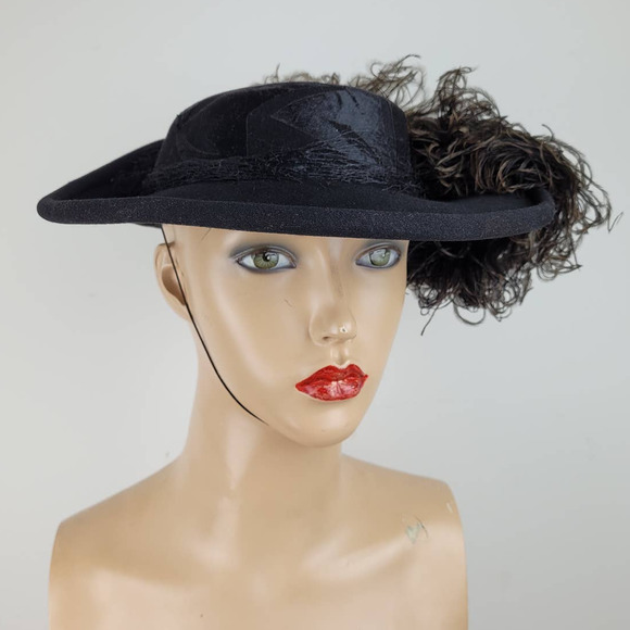 Antique Edwardian 1910 1900s Ostrich Feather Slocum Straw Works Wool Hat